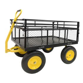 Heavy Duty Steel Garden Cart with Removable Mesh Sides to Convert into Flatbed, Utility Metal Wagon with 2-in-1 Handle and 16 in Tires, Perfect for Ga