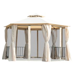 13' x 13' Patio Gazebo, Double Roof Hexagon Outdoor Gazebo Canopy Shelterwith Netting & Curtains, Solid Steel Frame for Garden, Lawn, Backyard and Dec