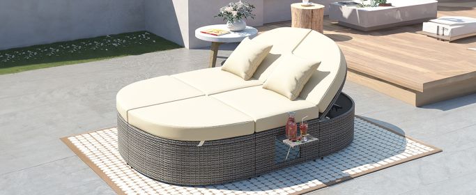 TOPMAX Outdoor Sun Bed Patio 2-Person Daybed with Cushions and Pillows, Rattan Garden Reclining Chaise Lounge with Adjustable Backrests and Foldable C (Color: as Pic)